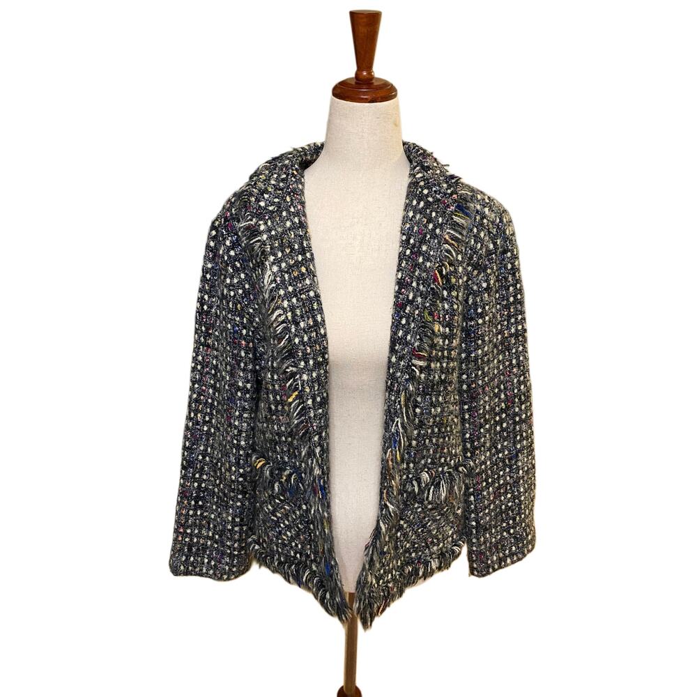 Women's Size 1/Small Chico's Black/White Fringed Plaid Open Front Blazer
